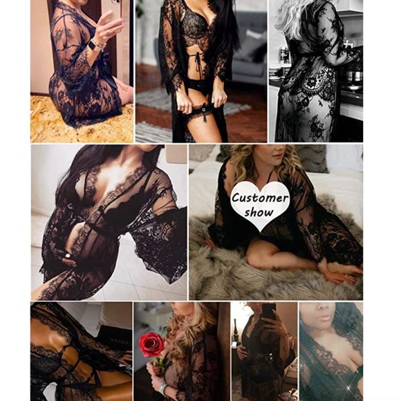 Black Lace Lingerie Robe And Thong Set With Satiny Belt - Picture 15 of 16